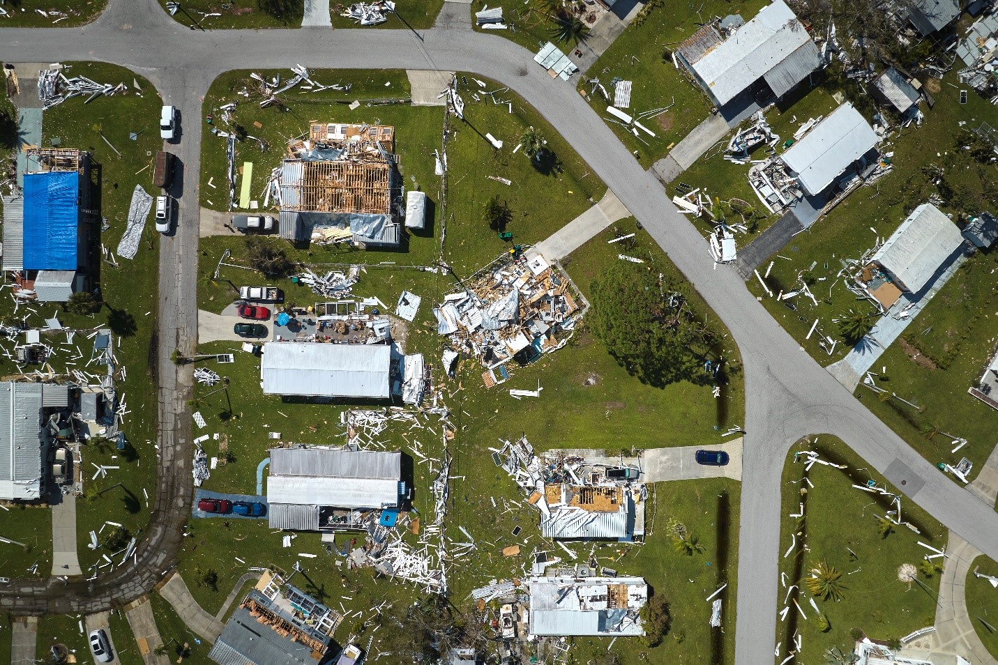 Severely damaged by hurricane Ian houses in Florida residential area